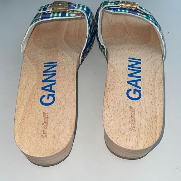 Ganni Dr Scholl’s Wooden Clogs in Check Blue Iris Size 10 New - Picture 6 of 11